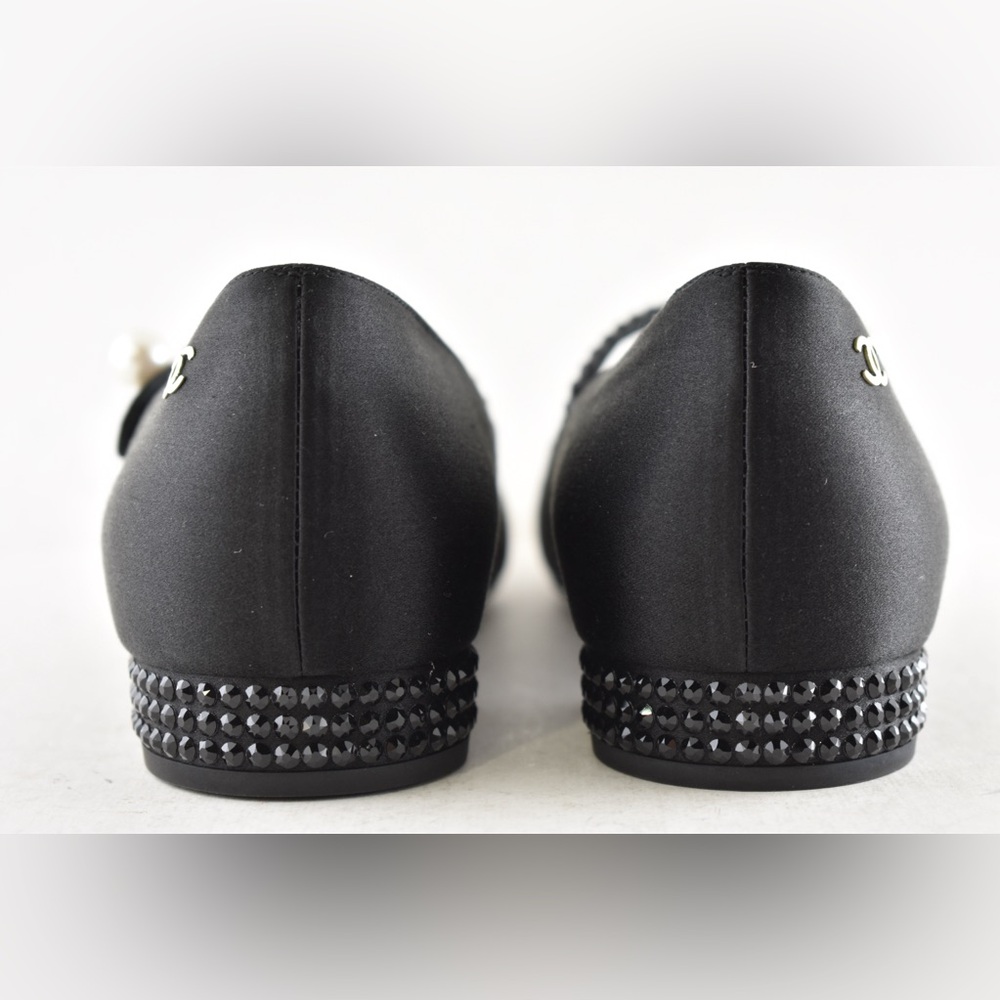 Chanel 24B Black Silk Crystal CC Logo Mary Jane Strap Ballerina Ballet Flat 38.5 - Picture 13 of 15